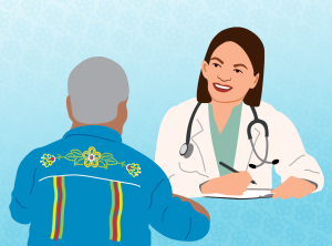 Illustration of patient and doctor talking, Metis beading embroidery on jacket