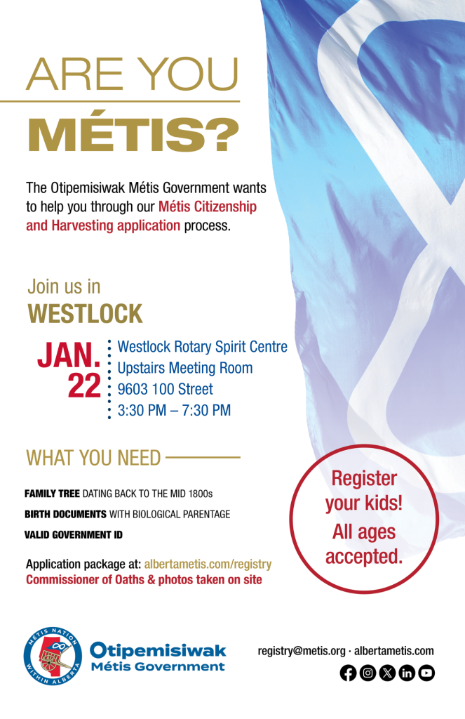 Westlock Registry Event on Jan 22 from 3:30 pm - 7;30 pm at the Westlock Rotary Spirit Centre in the Upstairs Meeting Room