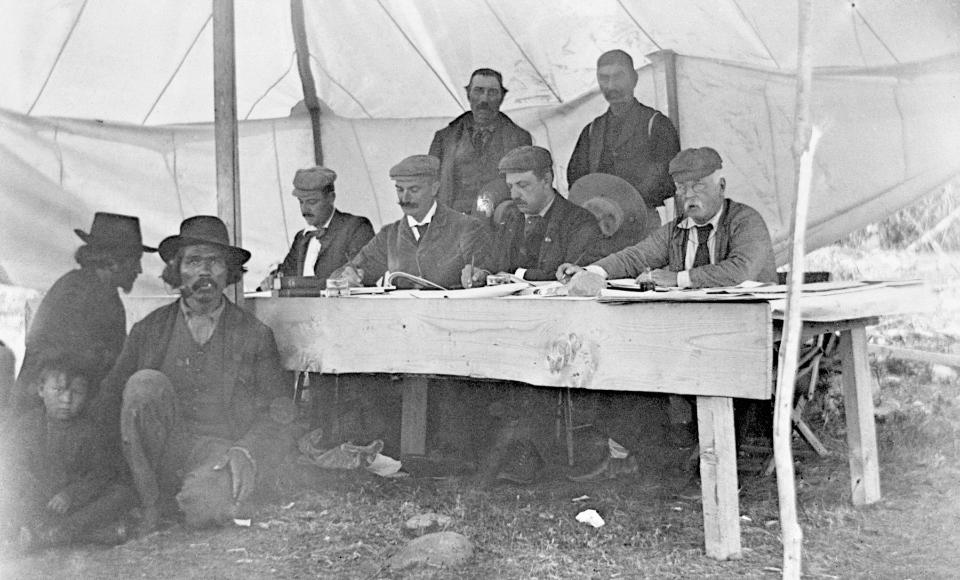 Scrip Commission meeting at Hudson's Bay Company post, Lesser Slave Lake, Alberta, 1899. Glenbow Archives NA-949-18.