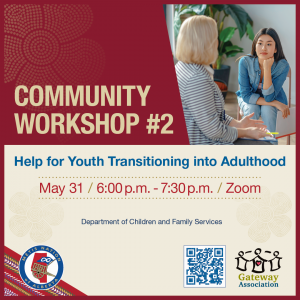 Community Workshop #2: Help for Youth Transitioning into Adulthood. May 31 from 6 p.m. to 7:30 p.m. on Zoom