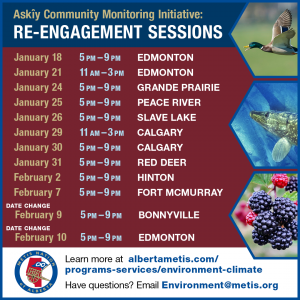 Askîy Community Monitoring Initiative: Re-Engagement Sessions. We're coming to a community near you! January 18 – February 10, 2023.