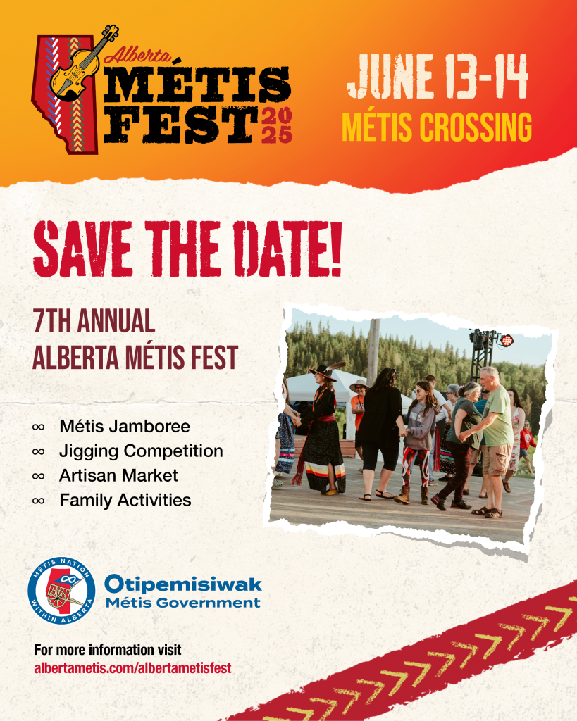 White event graphic showing a crowd of people dancing at Alberta Metis Fest