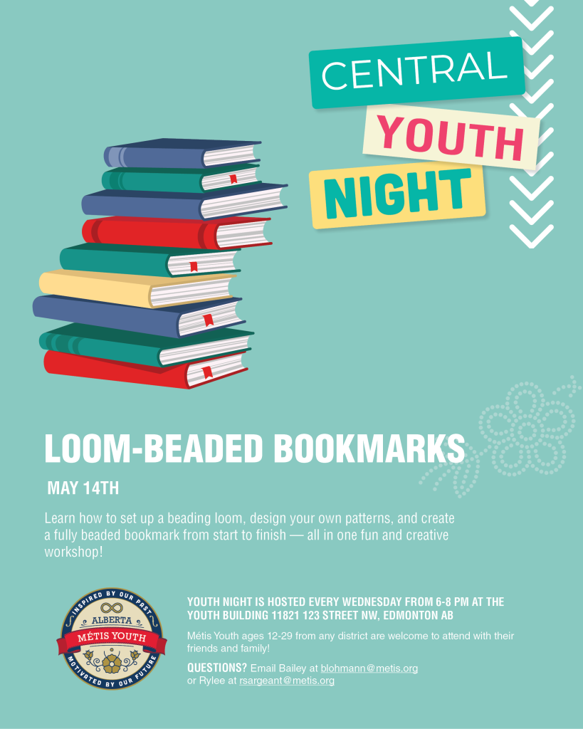 Teal event graphic with a stack of books