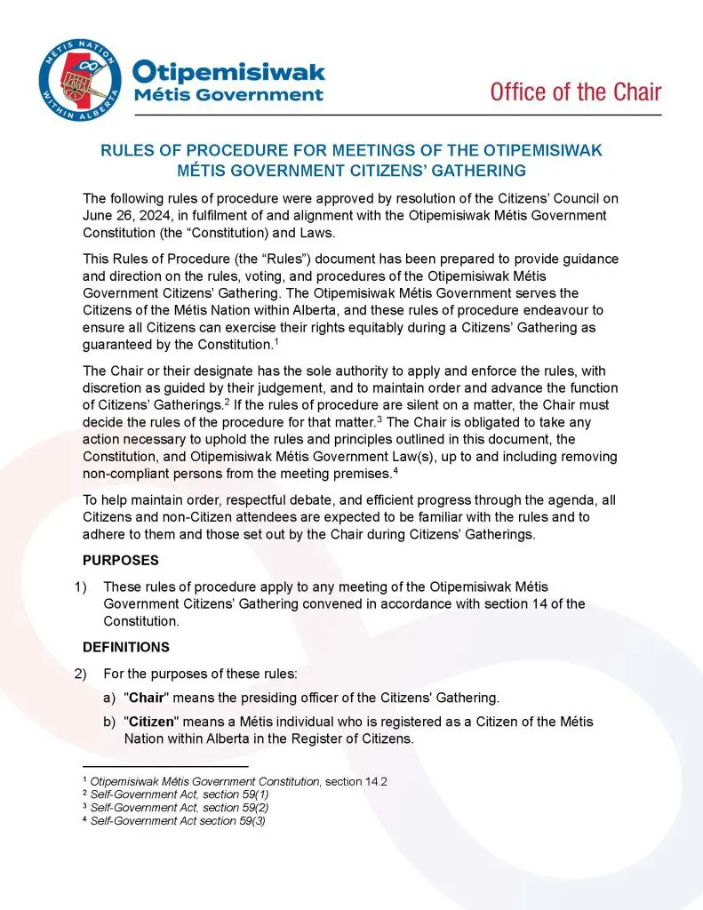 Click this image to open the Rules of Procedure for Meeting of the Otipemisiwak Métis Government Citizens' Gathering