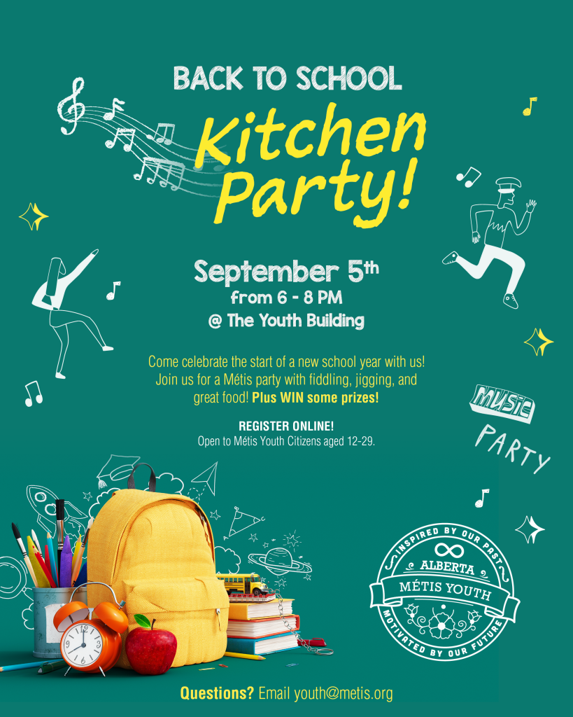 Green event graphic showing a school backpack with chalk sketches