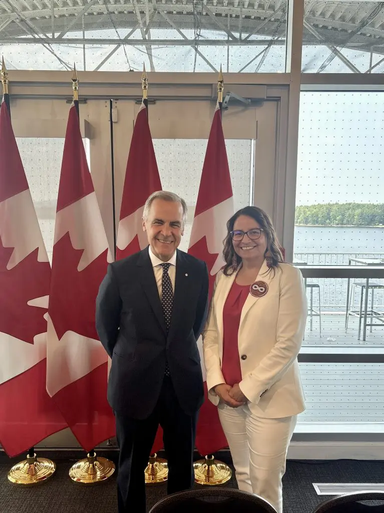 Canadian Prime Minister Mark Carney and Otipemisiwak Métis Government President Andrea Sandmaier.