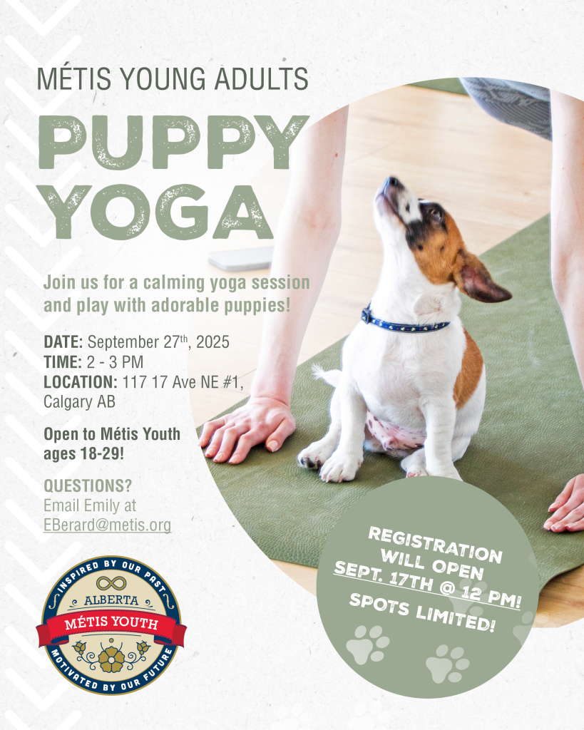 Green event graphic showing a puppy on a yoga mat