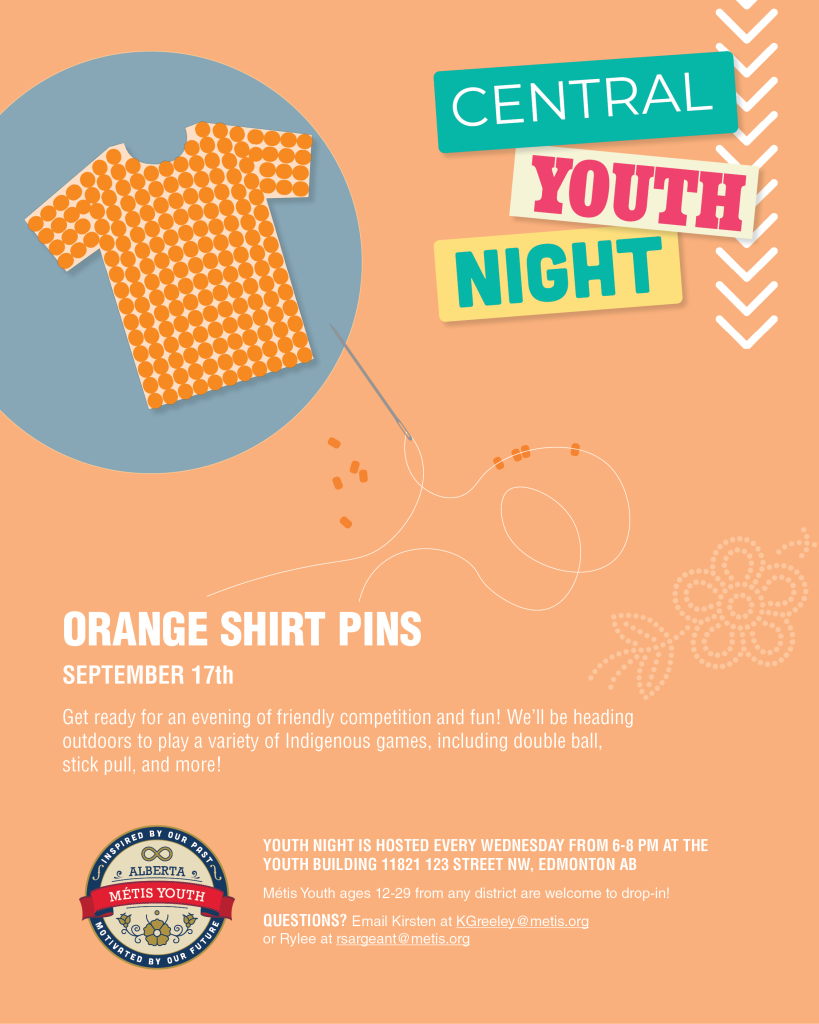 Orange event graphic showing a drawing of a beaded orange shirt with a sewing needle and beads. 
