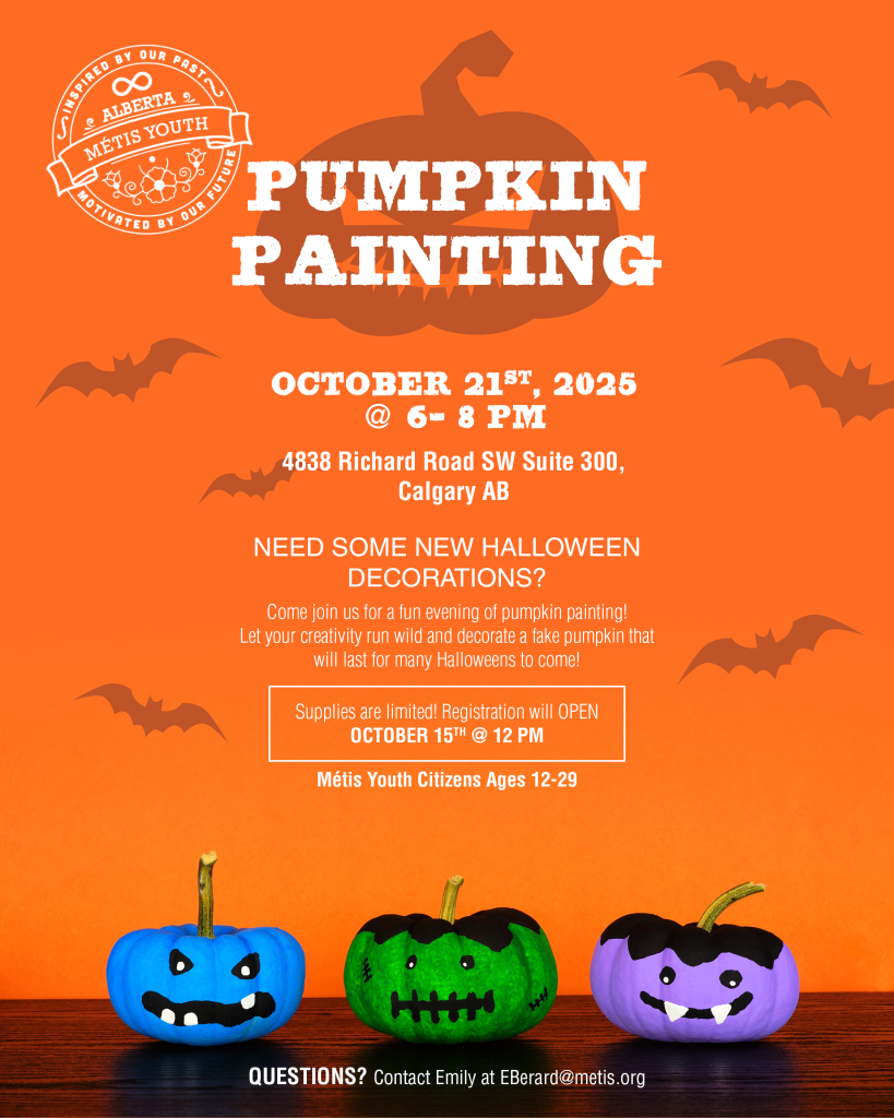 Orange graphic showing three painted pumpkins