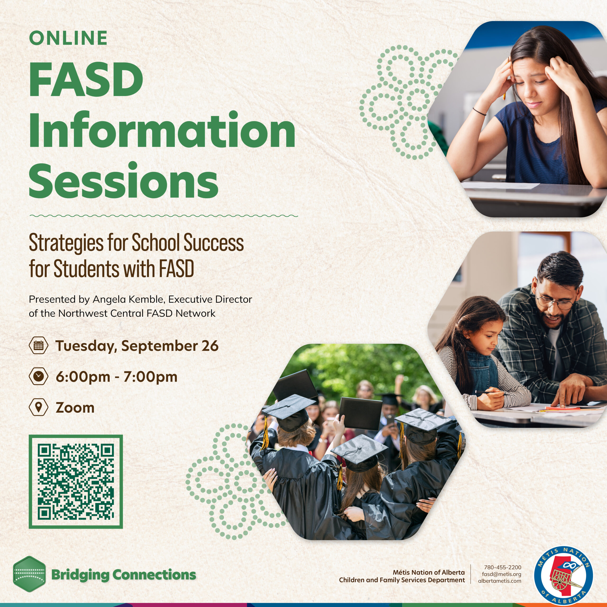 Online FASD Information Sessions. Strategies for School Success for Student with FASD. Presended by Angela Kemble, Executive Director of the Northwest Central FASD Network. Tuesday, September 26, 6 p.,.- 7 p.m. on Zoom.